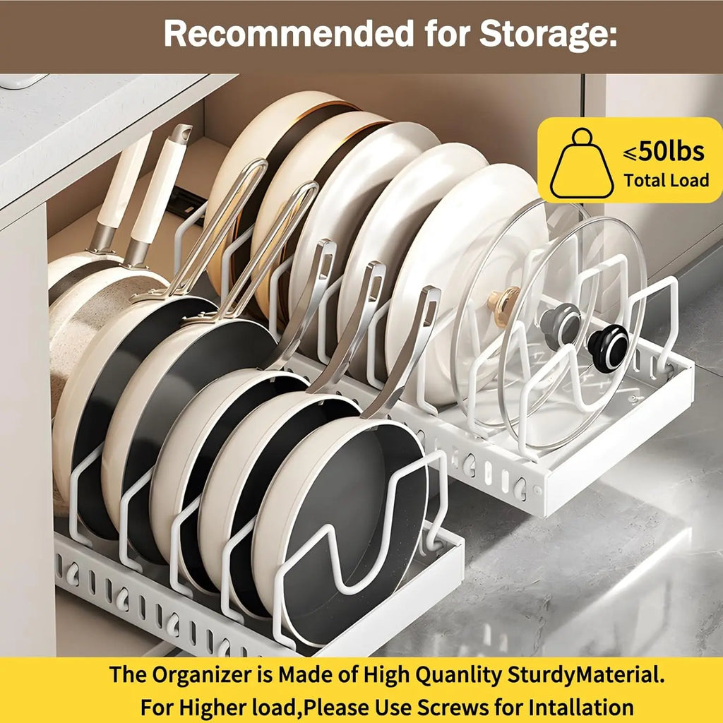 Pull-Out Pot and Pan Organizer for Under-Cabinet Storage with Adjustable Dividers