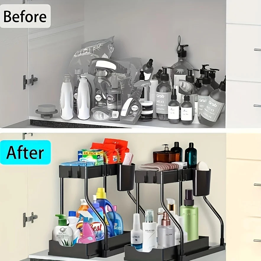 2-Tier Pull-Out Under Sink Organizer with Sliding Drawers for Kitchen and Bathroom Cabinets