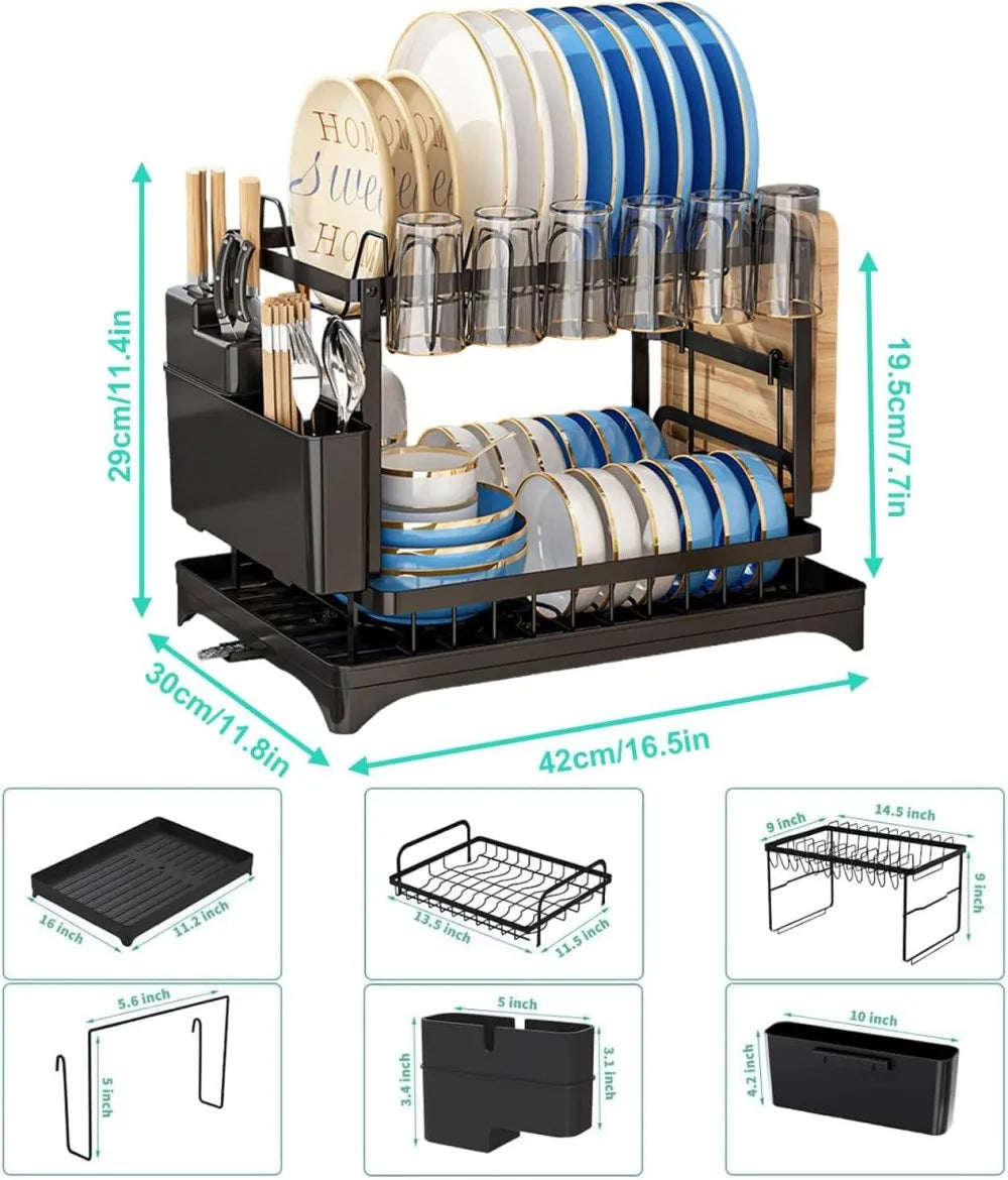 2-Tier Dish Drying Rack with Drainboard and Swivel Spout for Kitchen Counter