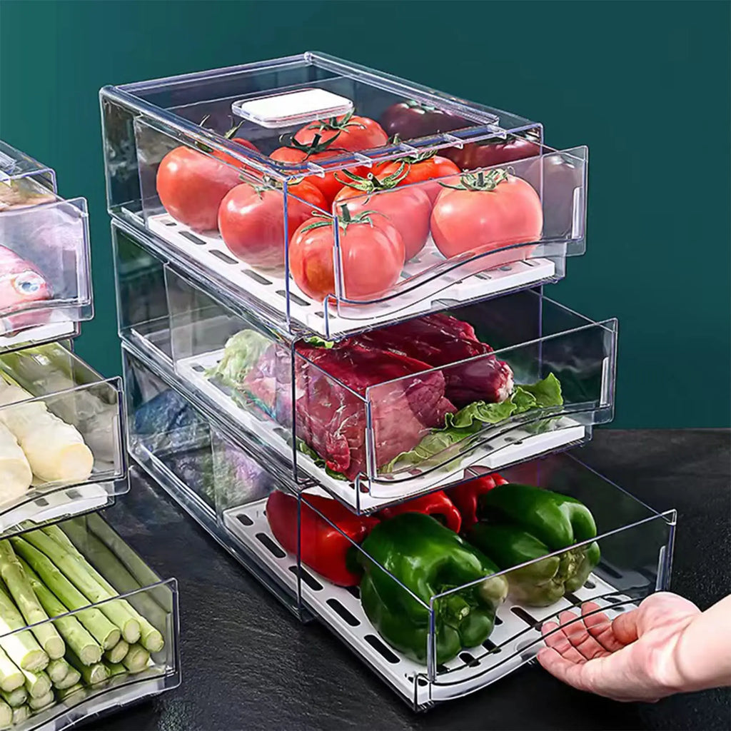 Stackable Clear Fridge Organizer Bins with Lid and Drain Tray for Refrigerator and Pantry