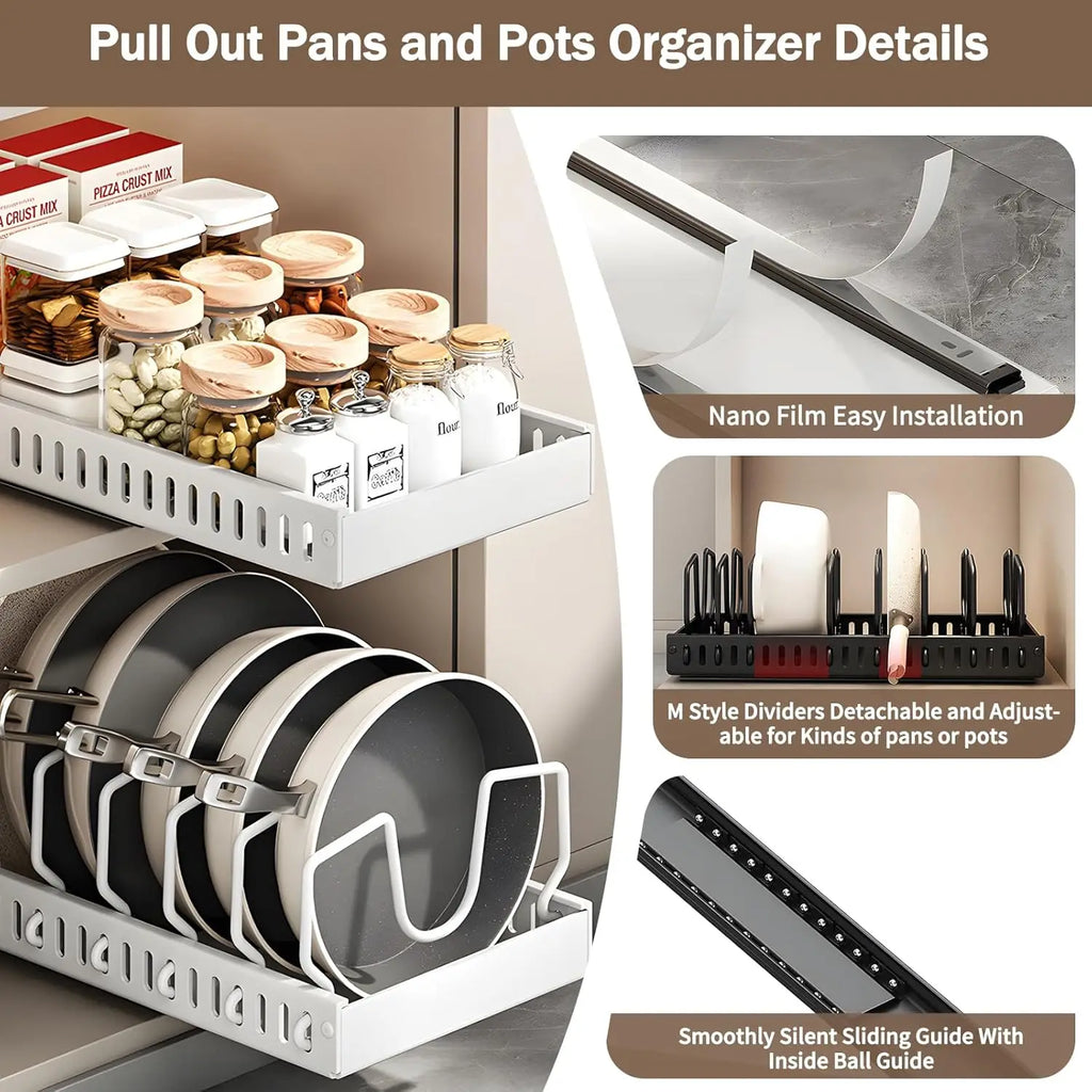 Pull-Out Pot and Pan Organizer for Under-Cabinet Storage with Adjustable Dividers