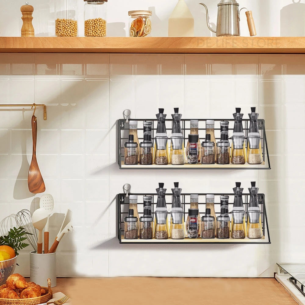 Metal and Wood Spice Rack Shelf, Wall-Mounted or Countertop Kitchen Seasoning Organizer