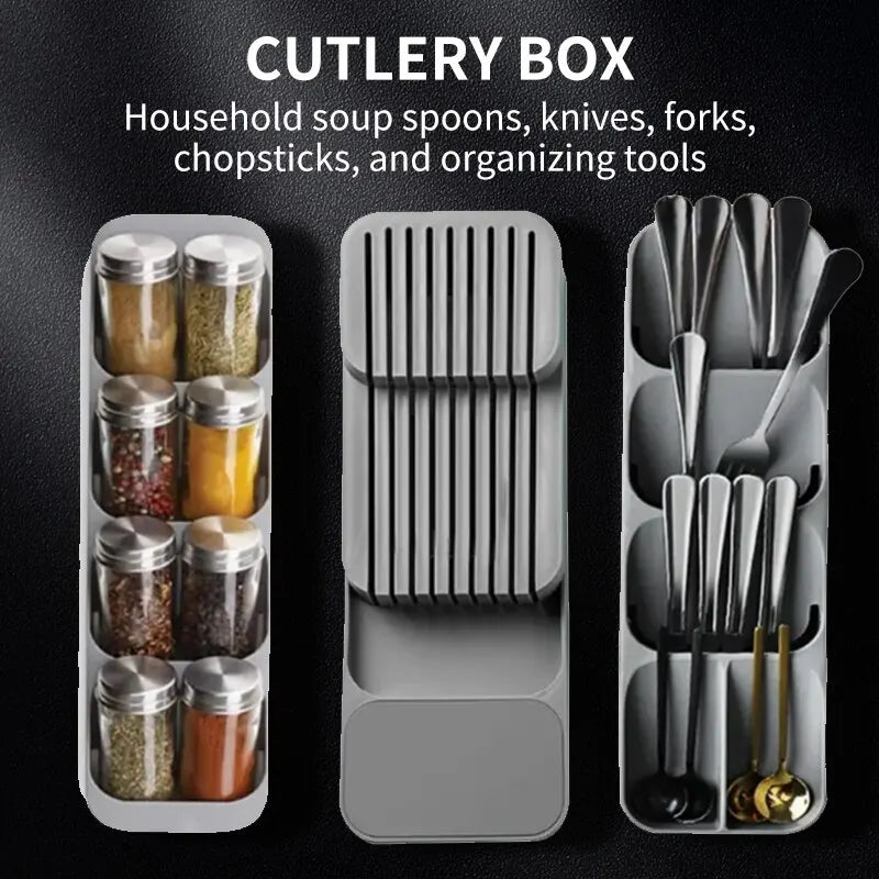 In-Drawer Cutlery and Spice Organizer Tray for Kitchen Drawers