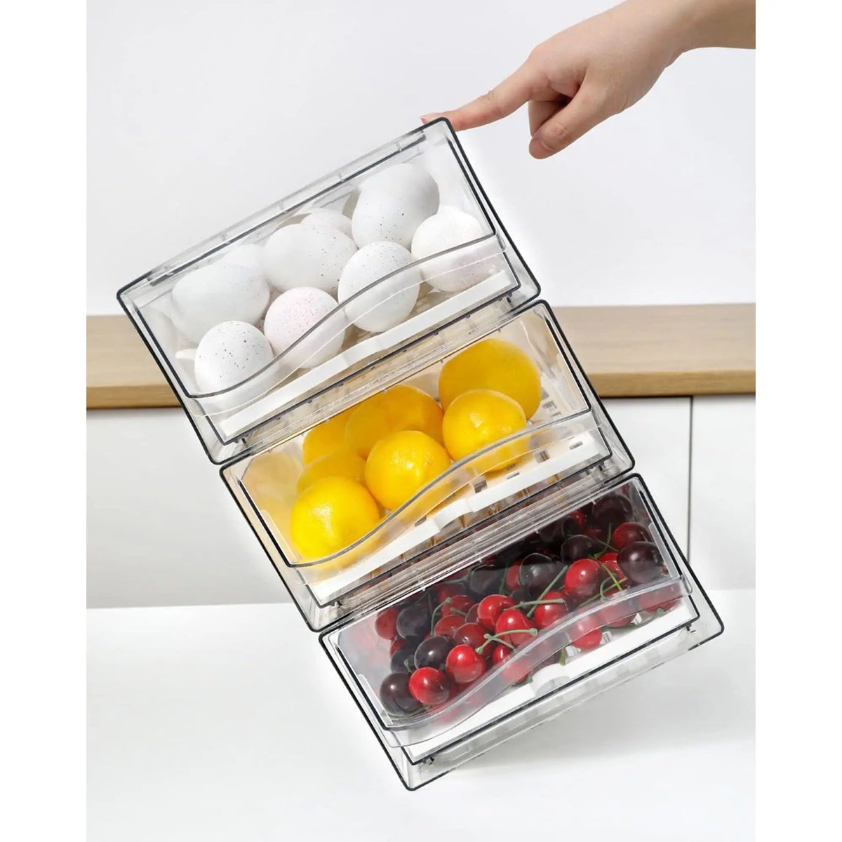 Stackable Clear Fridge Organizer Bins with Lid and Drain Tray for Refrigerator and Pantry