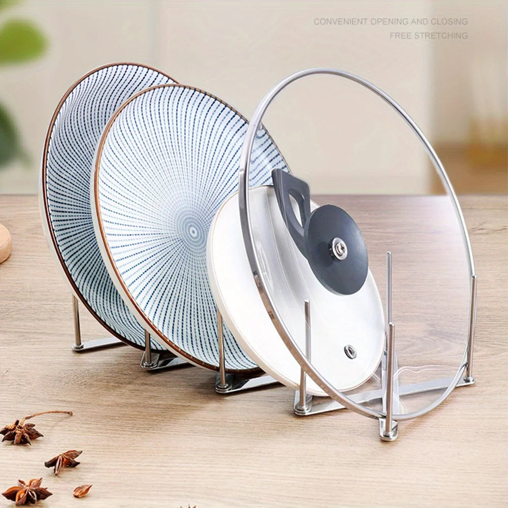 Expandable Pot Lid Organizer Rack, Stainless Steel Lid and Plate Holder for Kitchen Cabinets