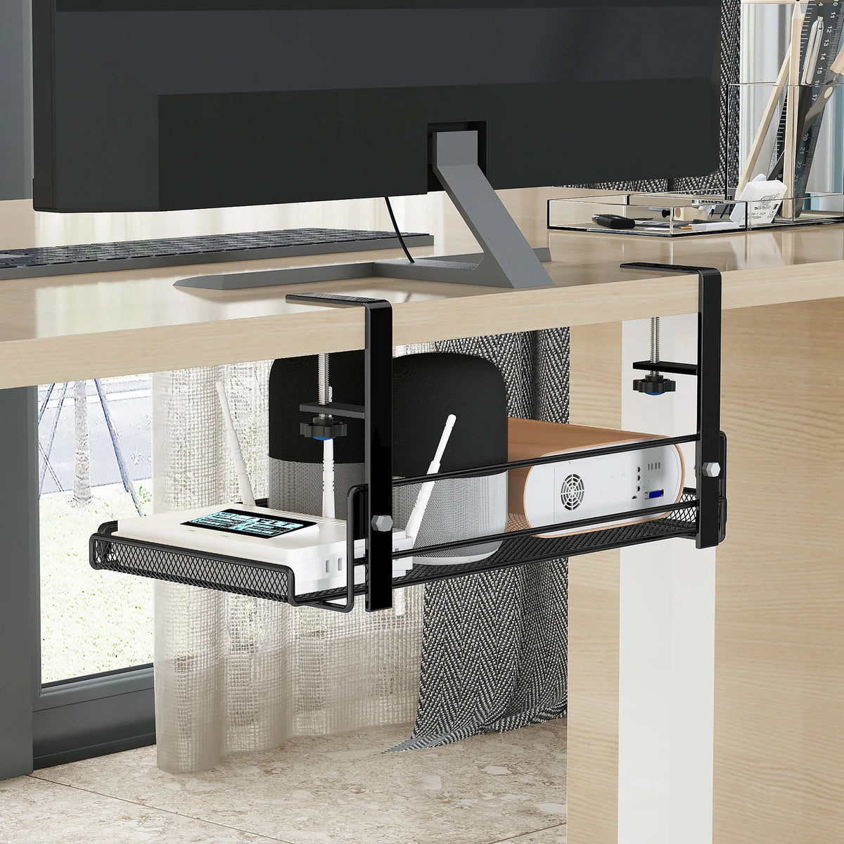 Under-Desk Hanging Storage Shelf, Desk-Side Organizer Basket for Office and Home