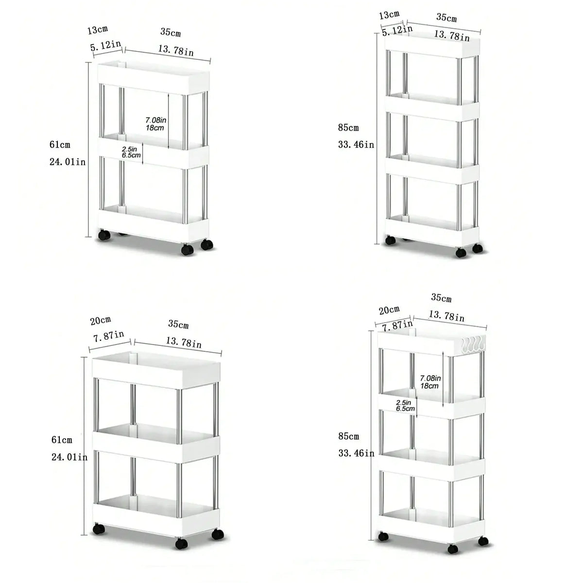 Slim Rolling Storage Cart, 3 or 4 Tier Gap Organizer for Kitchen, Bathroom and Laundry