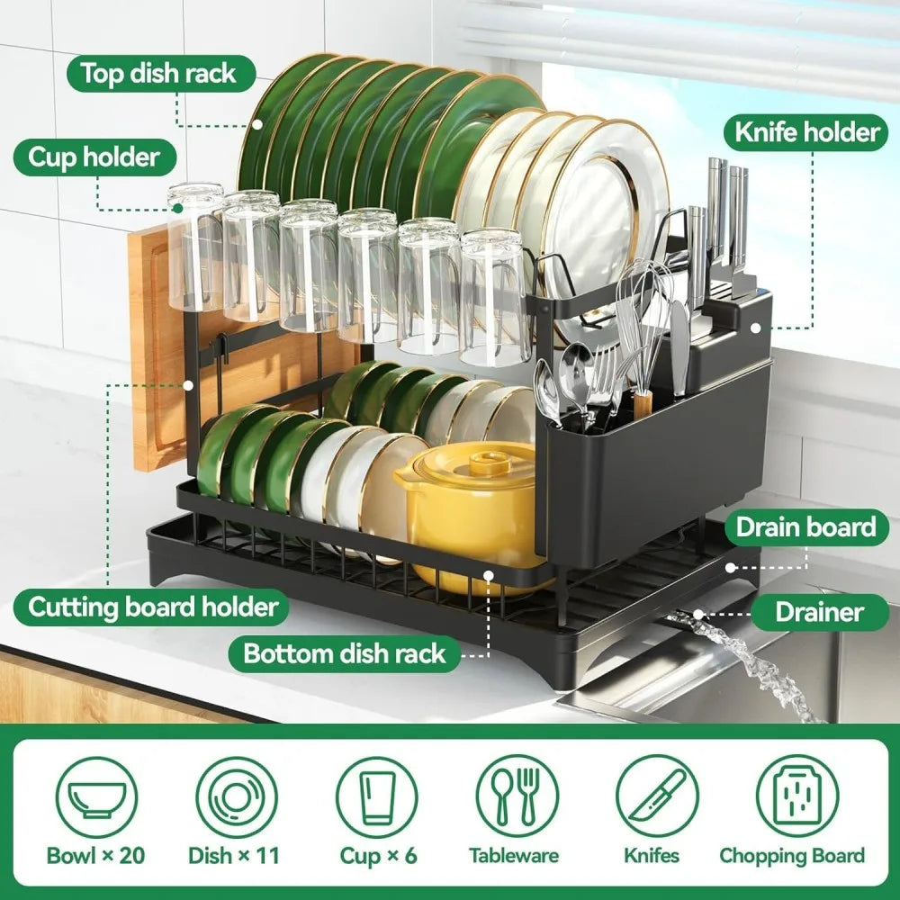 2-Tier Dish Drying Rack with Drainboard and Swivel Spout for Kitchen Counter