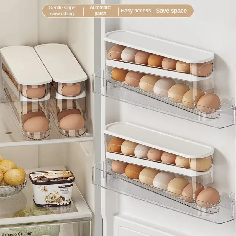 2-Tier Rolling Egg Dispenser for Refrigerator, Automatic Egg Storage Rack