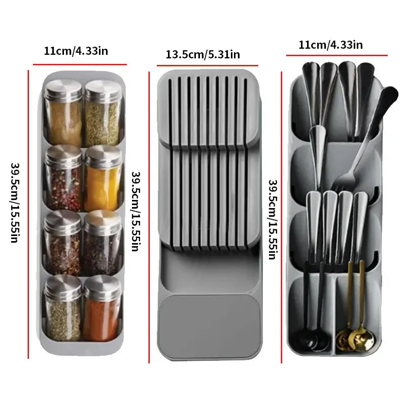 In-Drawer Cutlery and Spice Organizer Tray for Kitchen Drawers