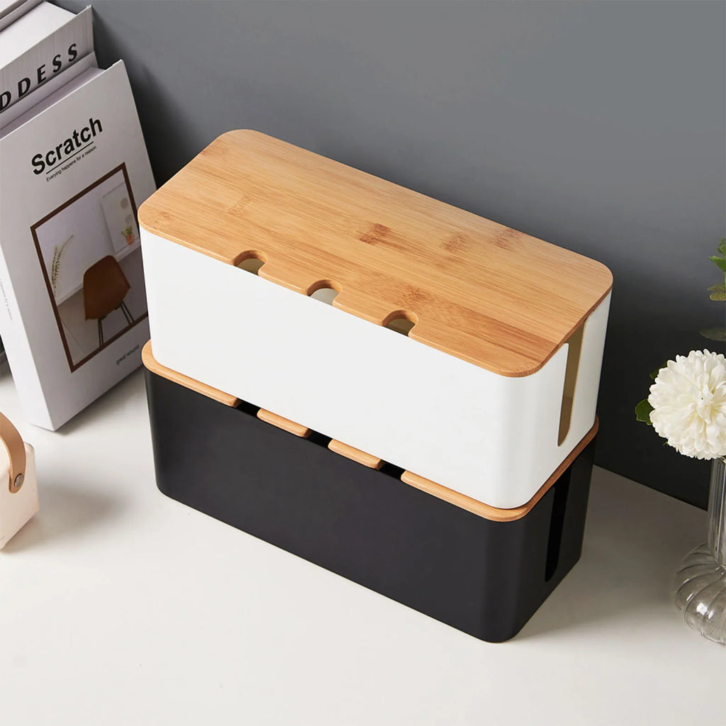 Cable Management Box with Wood-Look Lid, Cord Organizer for Power Strips and Chargers
