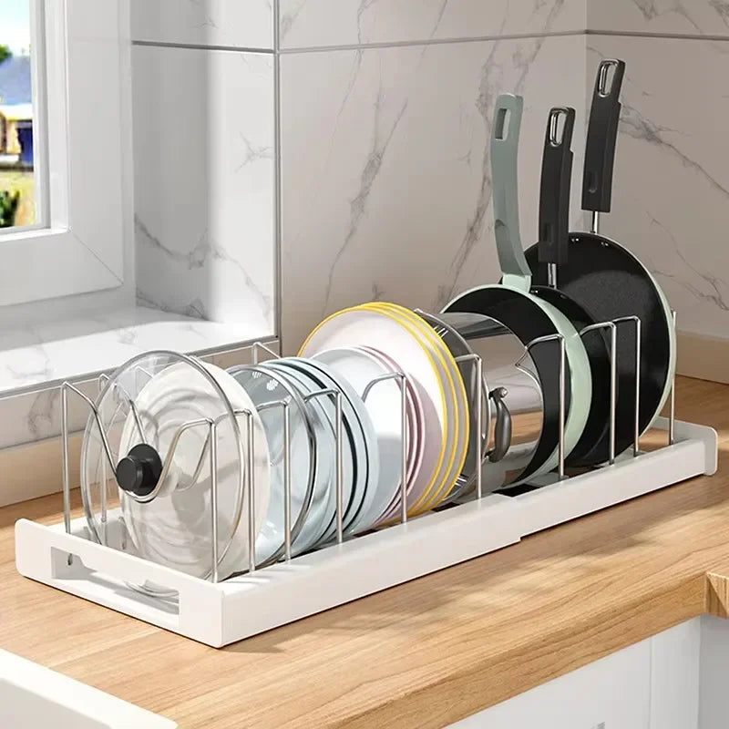 Expandable Pot and Pan Organizer Rack with 7 Adjustable Dividers for Cabinets