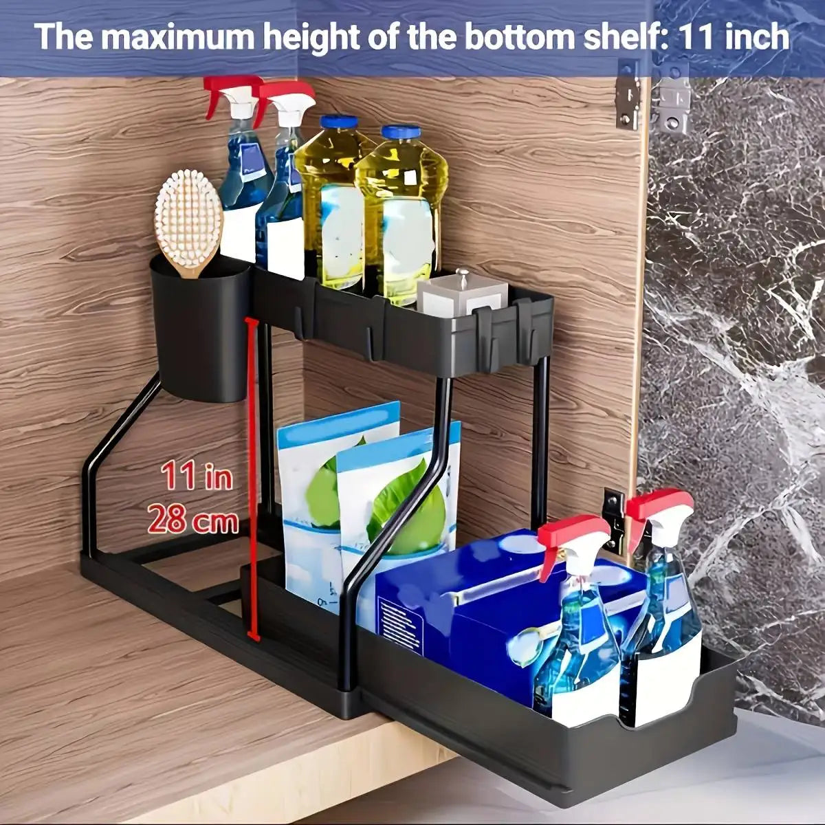 2-Tier Pull-Out Under Sink Organizer with Sliding Drawers for Kitchen and Bathroom Cabinets