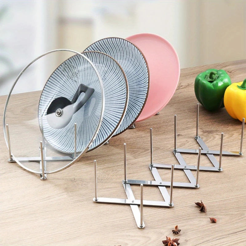 Expandable Pot Lid Organizer Rack, Stainless Steel Lid and Plate Holder for Kitchen Cabinets