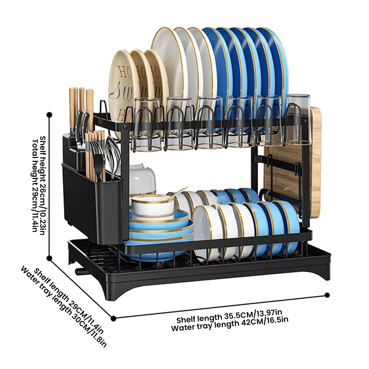 2-Tier Dish Drying Rack with Drainboard and Swivel Spout for Kitchen Counter
