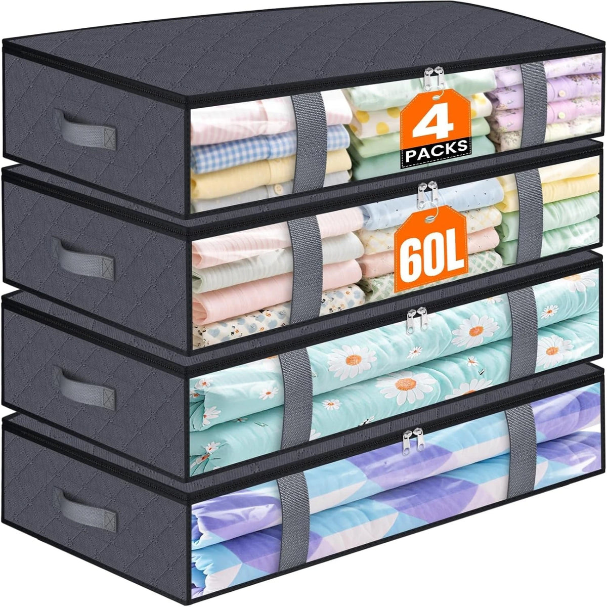 Under-Bed Storage Bags, 4 Pack Foldable Organizers for Blankets, Bedding and Clothes