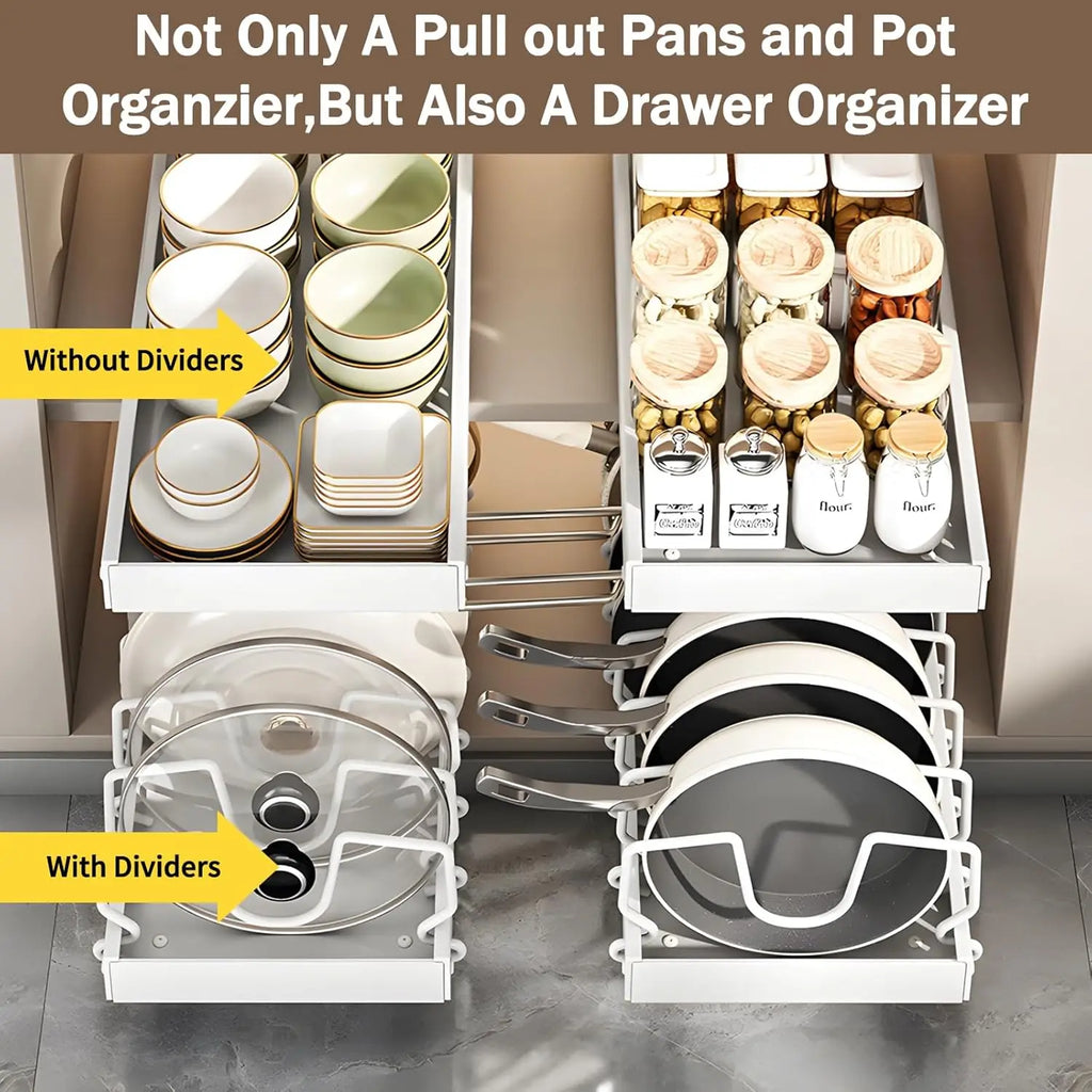 Pull-Out Pot and Pan Organizer for Under-Cabinet Storage with Adjustable Dividers