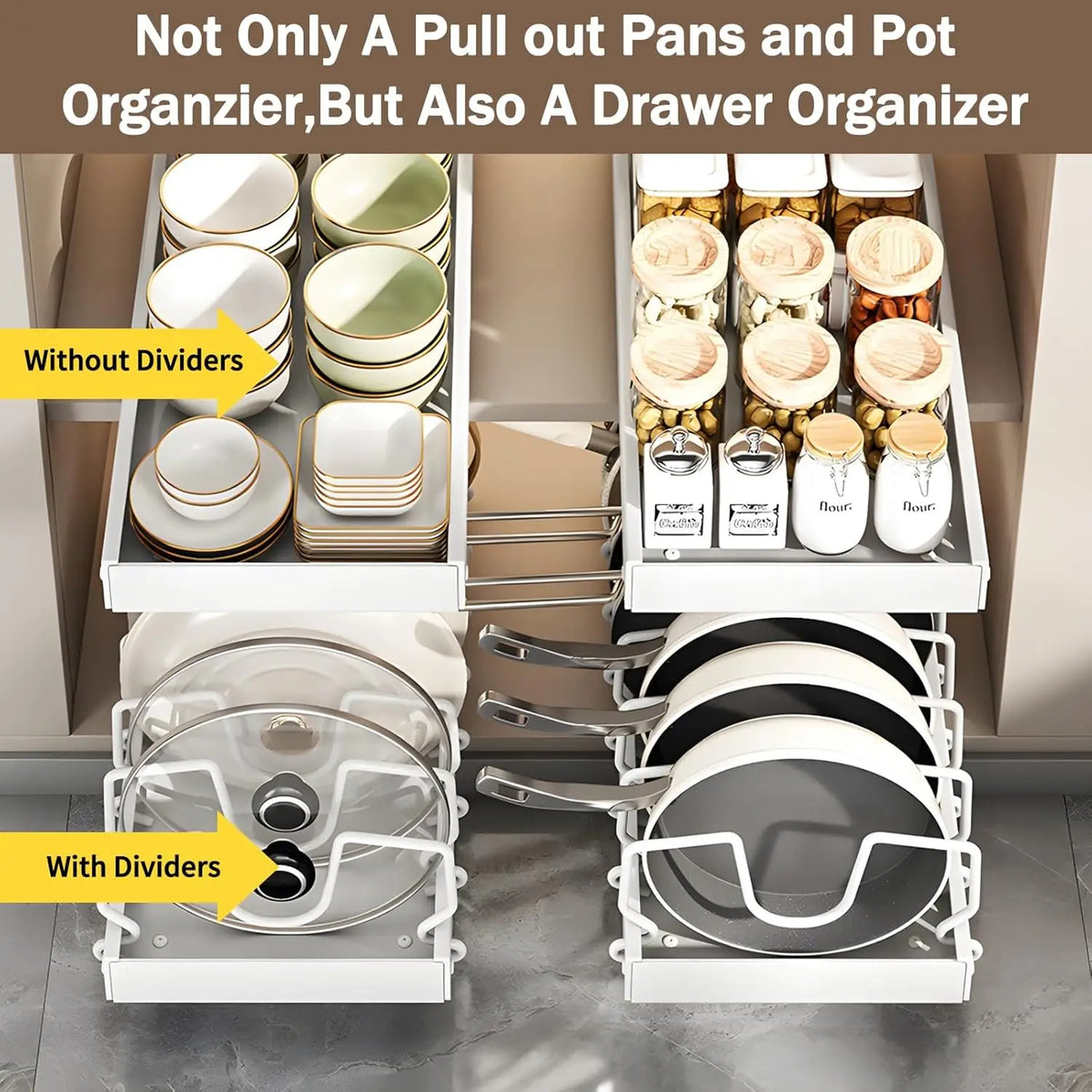 Pull-Out Pot and Pan Organizer for Under-Cabinet Storage with Adjustable Dividers