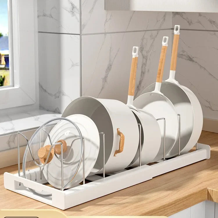 Expandable Pot and Pan Organizer Rack with 7 Adjustable Dividers for Cabinets