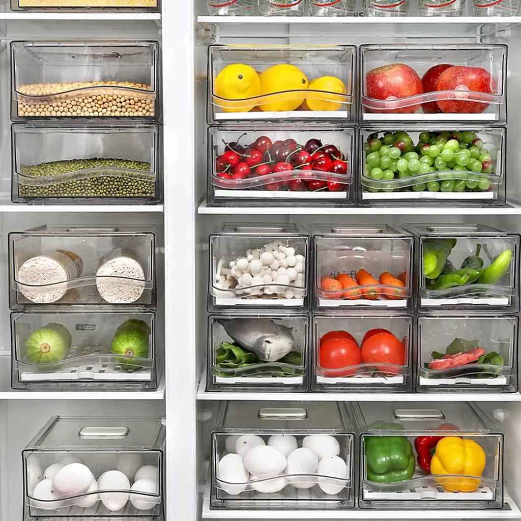 Stackable Clear Fridge Organizer Bins with Lid and Drain Tray for Refrigerator and Pantry