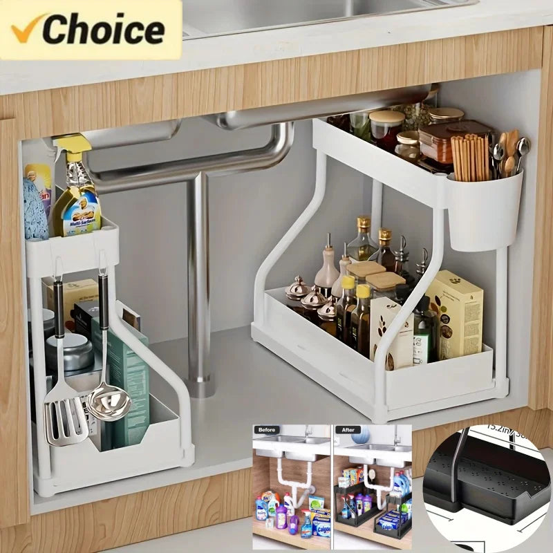 2-Tier Pull-Out Under Sink Organizer with Sliding Drawers for Kitchen and Bathroom Cabinets