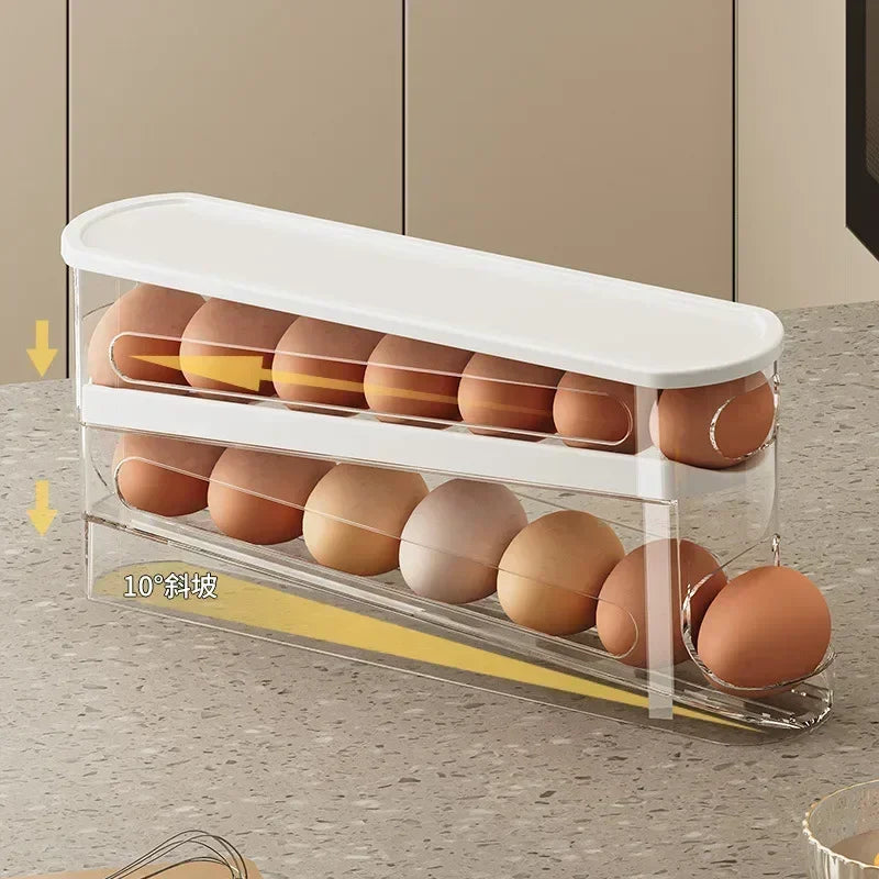 2-Tier Rolling Egg Dispenser for Refrigerator, Automatic Egg Storage Rack