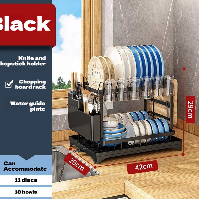 2-Tier Dish Drying Rack with Drainboard and Swivel Spout for Kitchen Counter