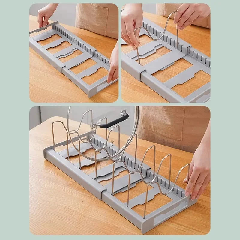 Expandable Pot and Pan Organizer Rack with 7 Adjustable Dividers for Cabinets