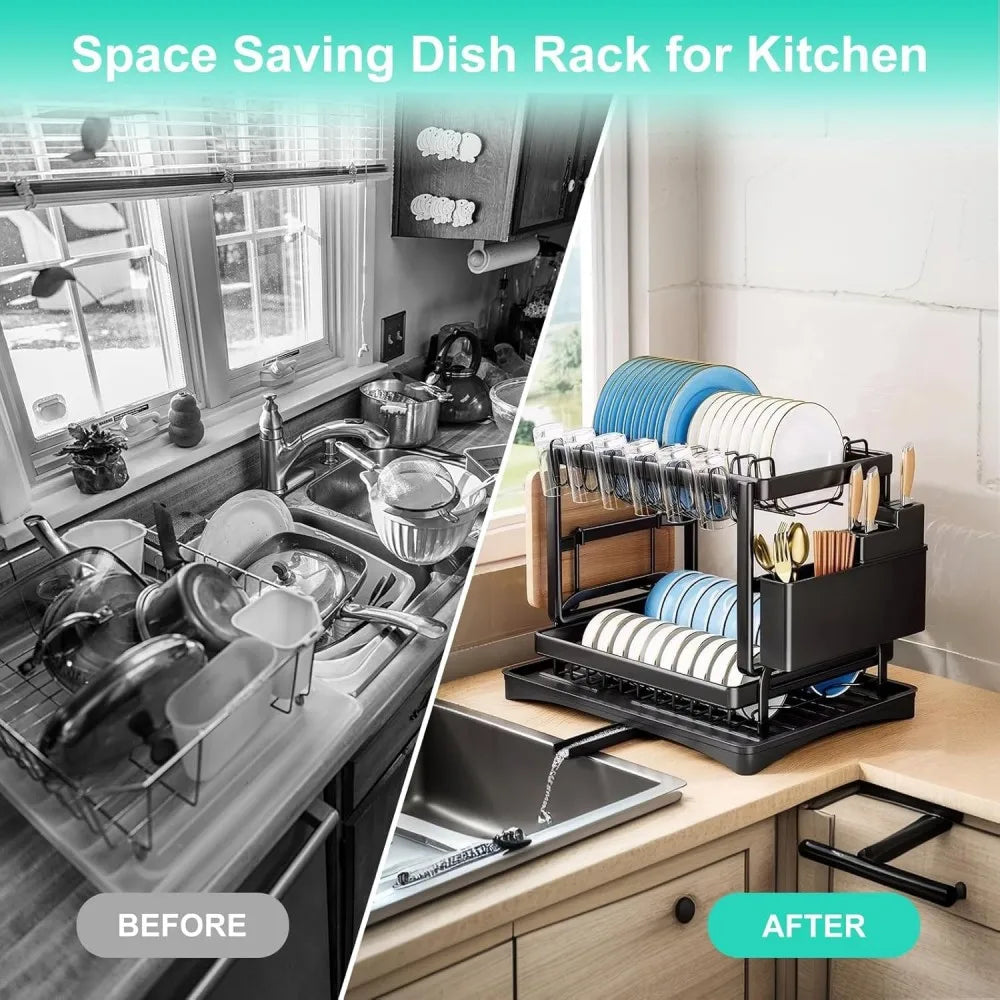 2-Tier Dish Drying Rack with Drainboard and Swivel Spout for Kitchen Counter