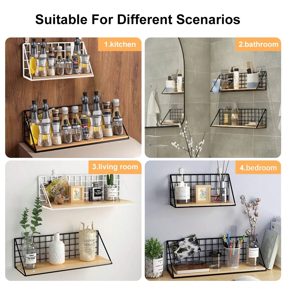 Metal and Wood Spice Rack Shelf, Wall-Mounted or Countertop Kitchen Seasoning Organizer