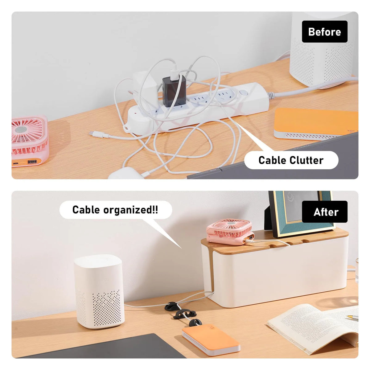 Cable Management Box with Wood-Look Lid, Cord Organizer for Power Strips and Chargers