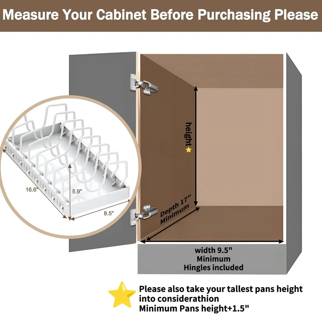 Pull-Out Pot and Pan Organizer for Under-Cabinet Storage with Adjustable Dividers