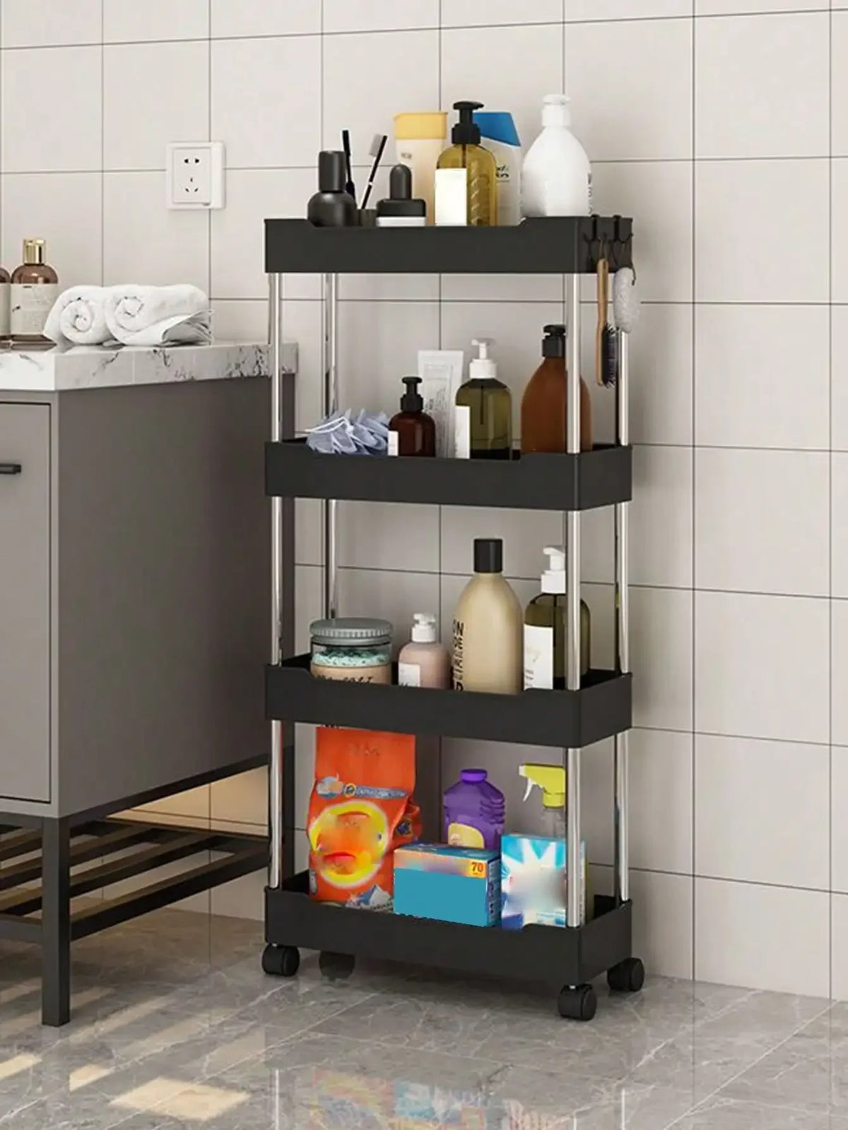 Slim Rolling Storage Cart, 3 or 4 Tier Gap Organizer for Kitchen, Bathroom and Laundry