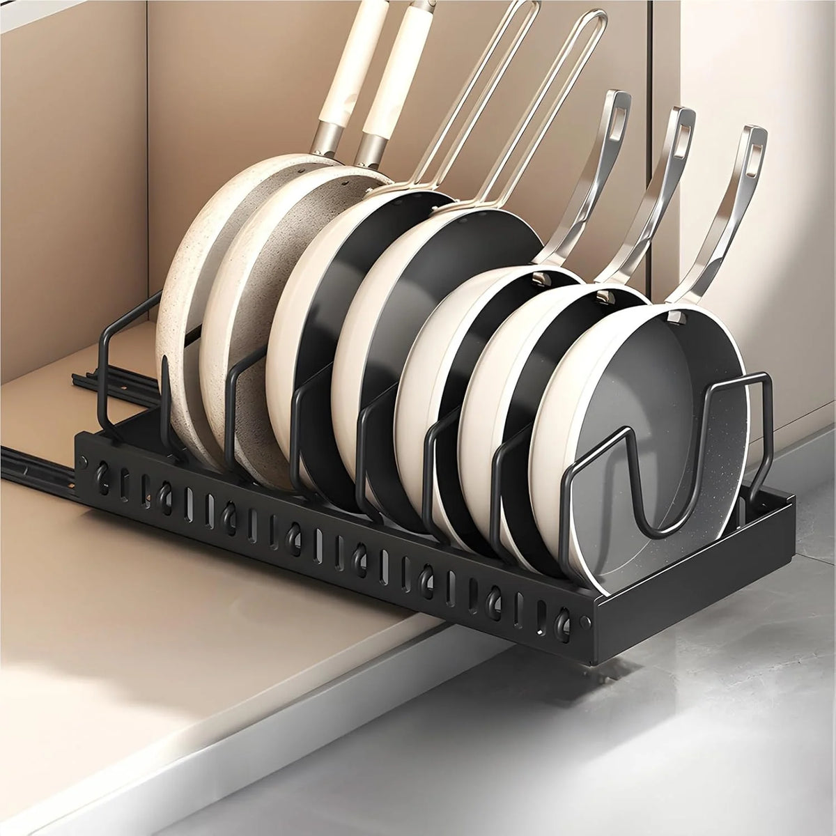 Pull-Out Pot and Pan Organizer for Under-Cabinet Storage with Adjustable Dividers