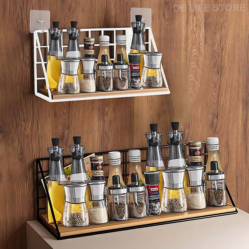 Metal and Wood Spice Rack Shelf, Wall-Mounted or Countertop Kitchen Seasoning Organizer