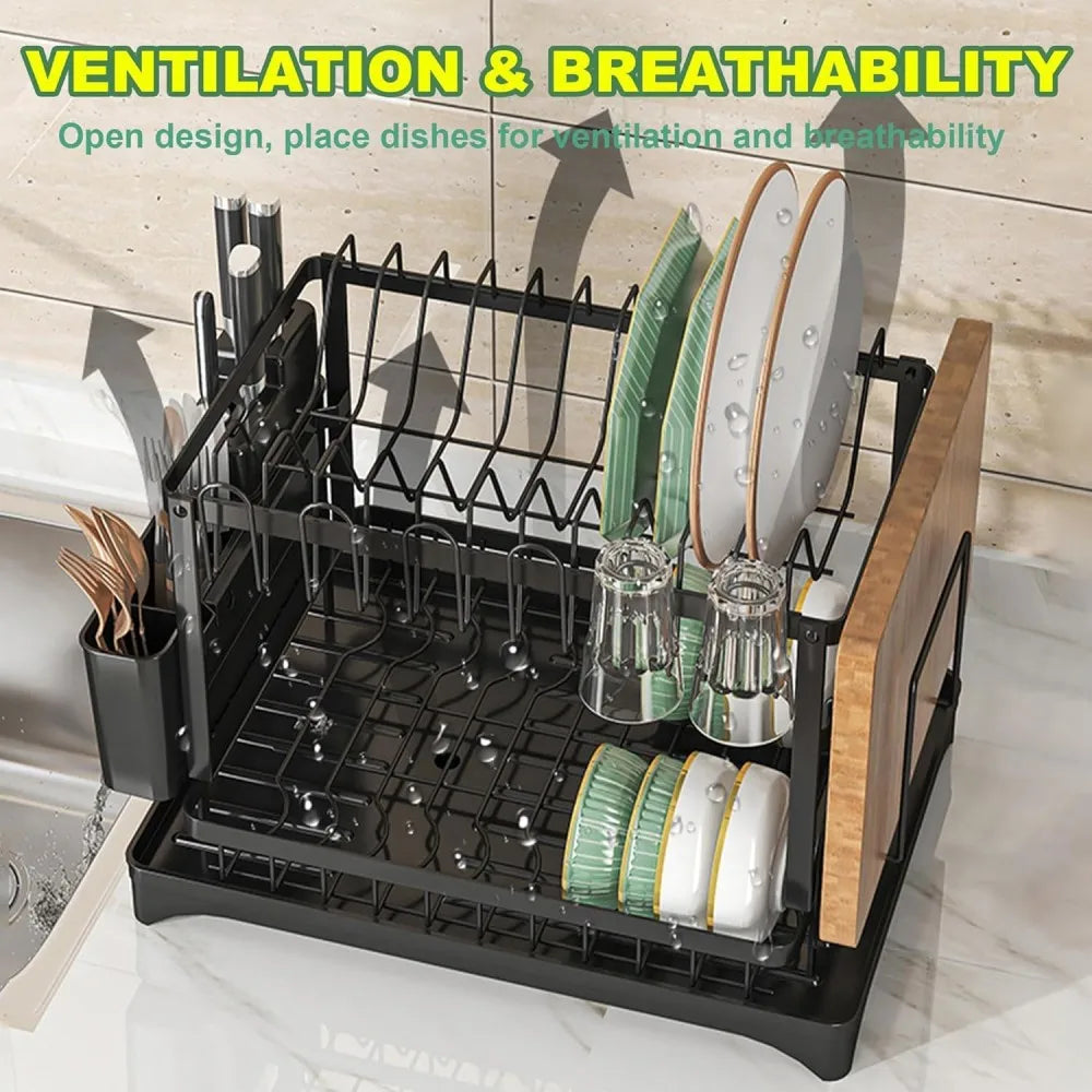 2-Tier Dish Drying Rack with Drainboard and Swivel Spout for Kitchen Counter