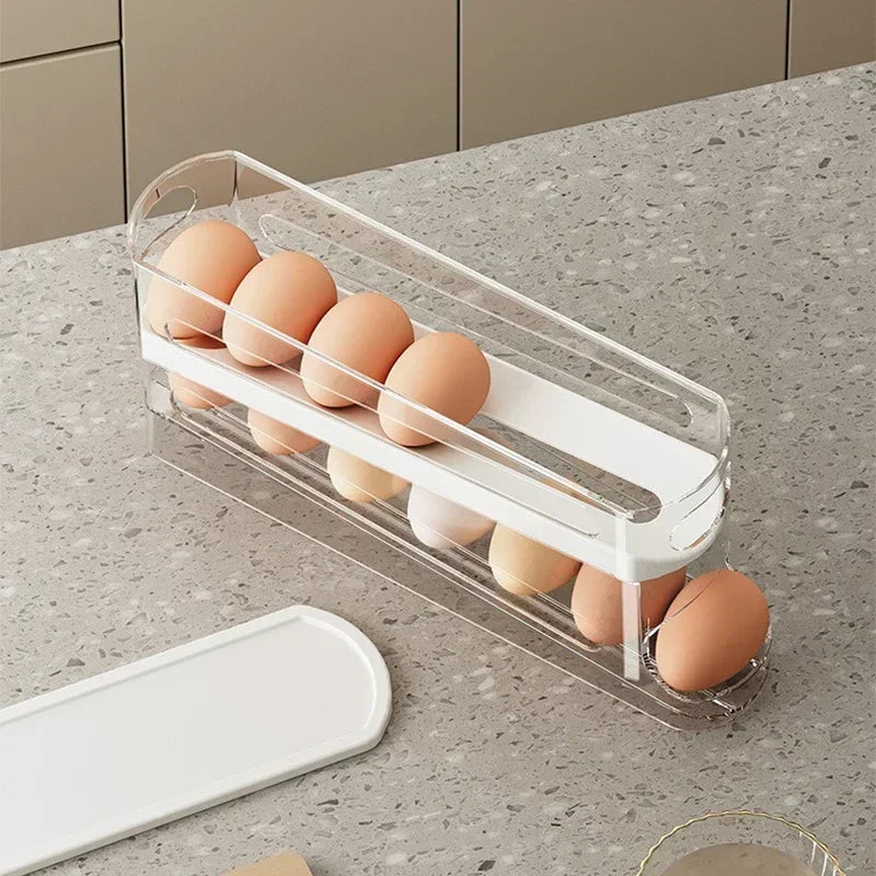 2-Tier Rolling Egg Dispenser for Refrigerator, Automatic Egg Storage Rack