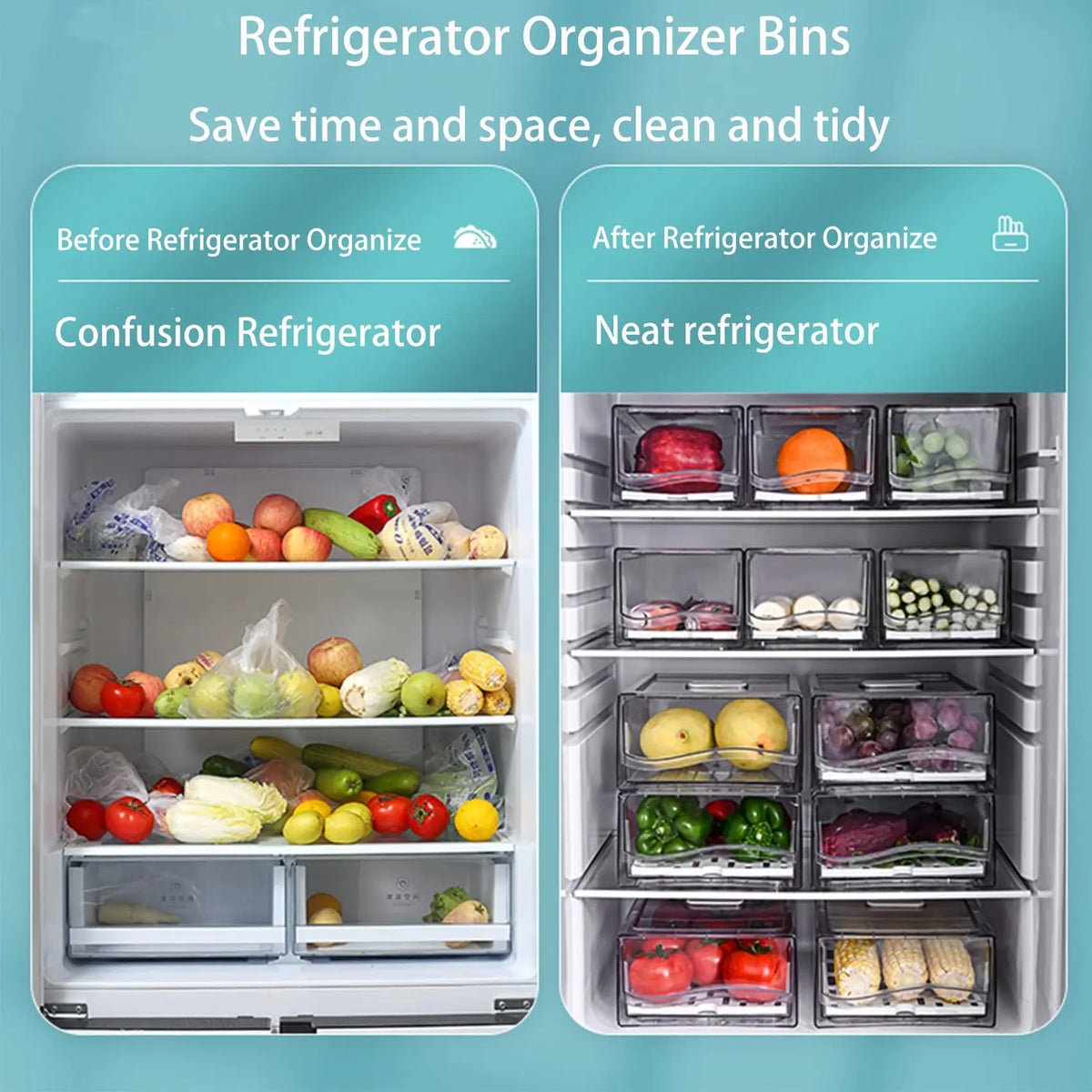 Stackable Clear Fridge Organizer Bins with Lid and Drain Tray for Refrigerator and Pantry