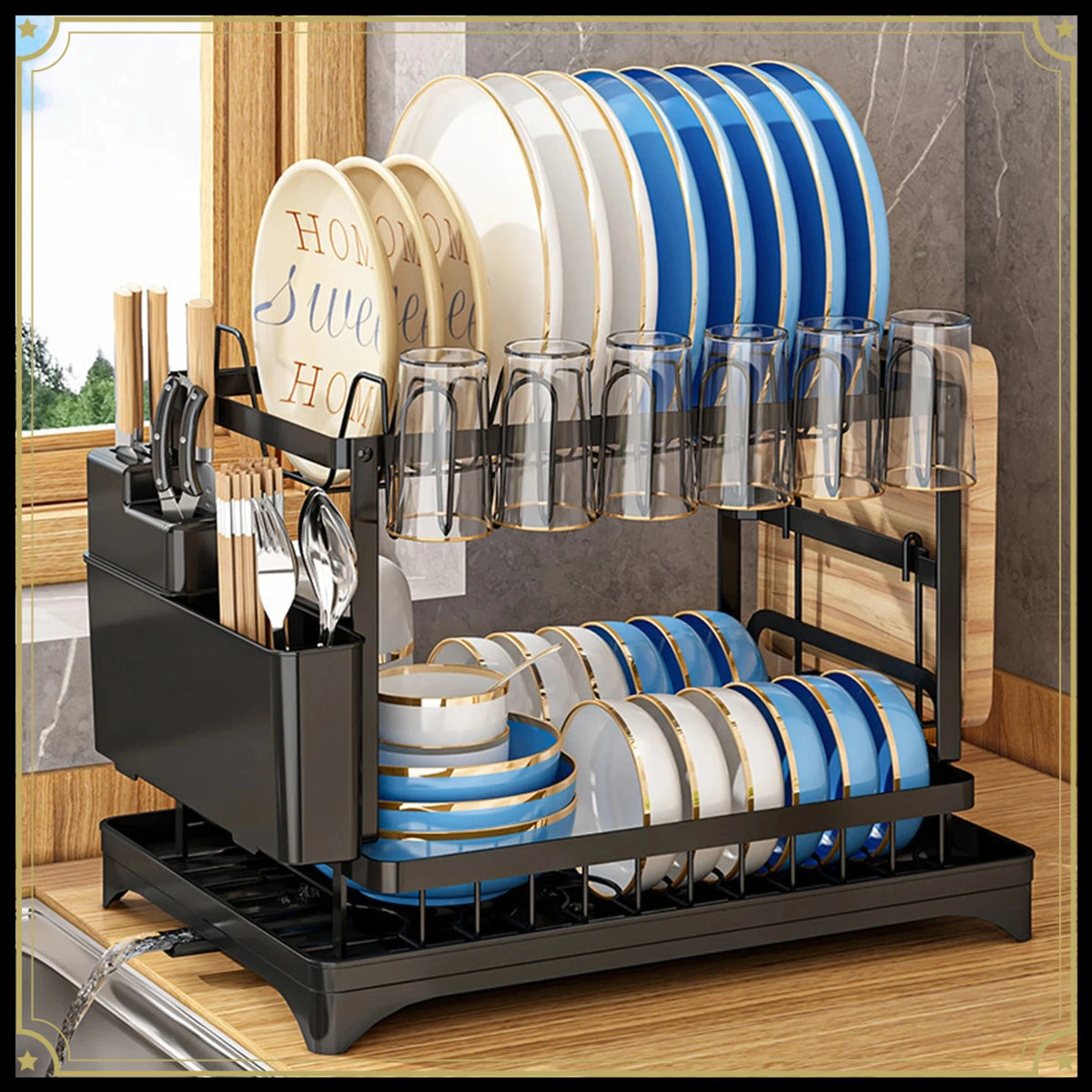 2-Tier Dish Drying Rack with Drainboard and Swivel Spout for Kitchen Counter