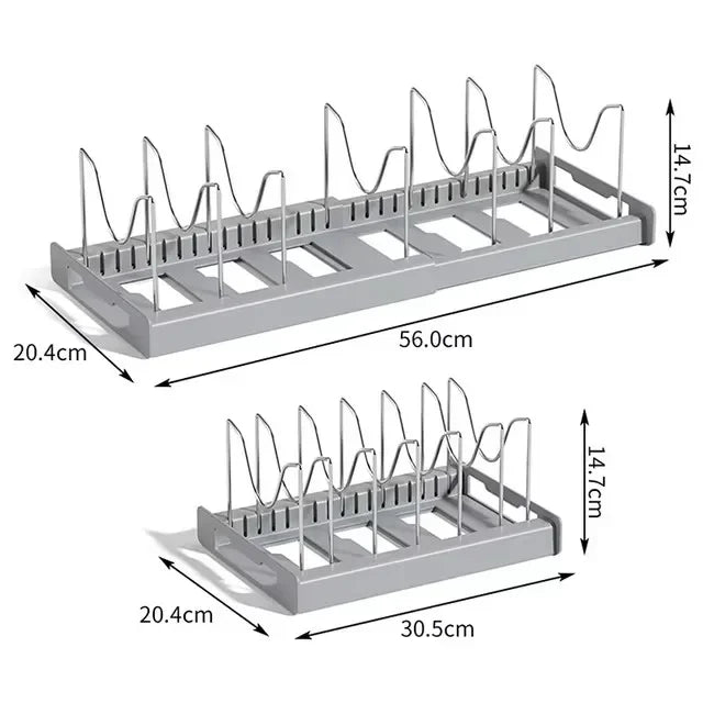 Expandable Pot and Pan Organizer Rack with 7 Adjustable Dividers for Cabinets