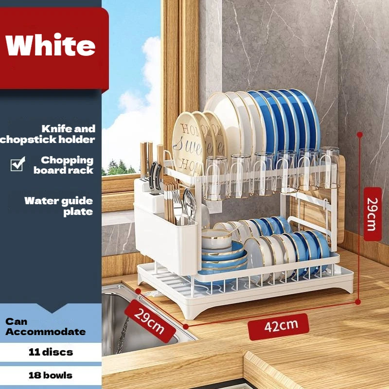 2-Tier Dish Drying Rack with Drainboard and Swivel Spout for Kitchen Counter