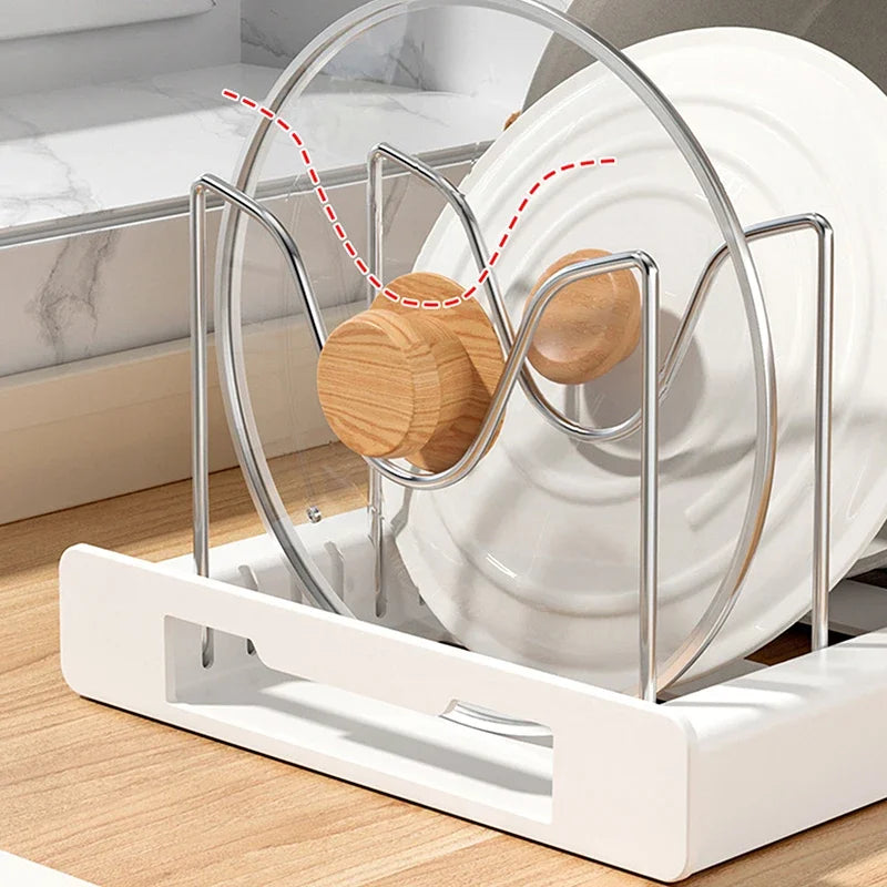Expandable Pot and Pan Organizer Rack with 7 Adjustable Dividers for Cabinets