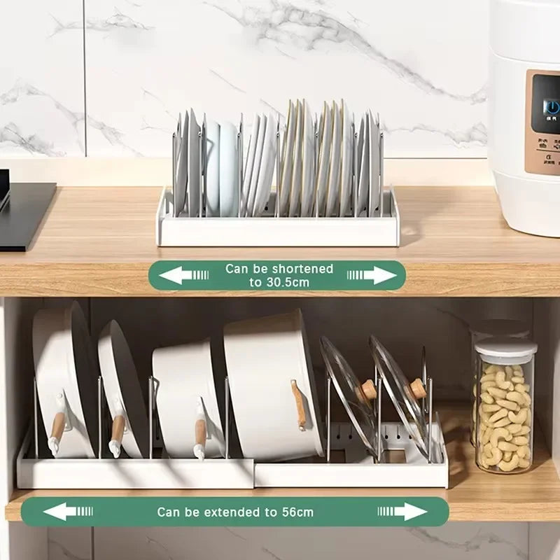 Expandable Pot and Pan Organizer Rack with 7 Adjustable Dividers for Cabinets