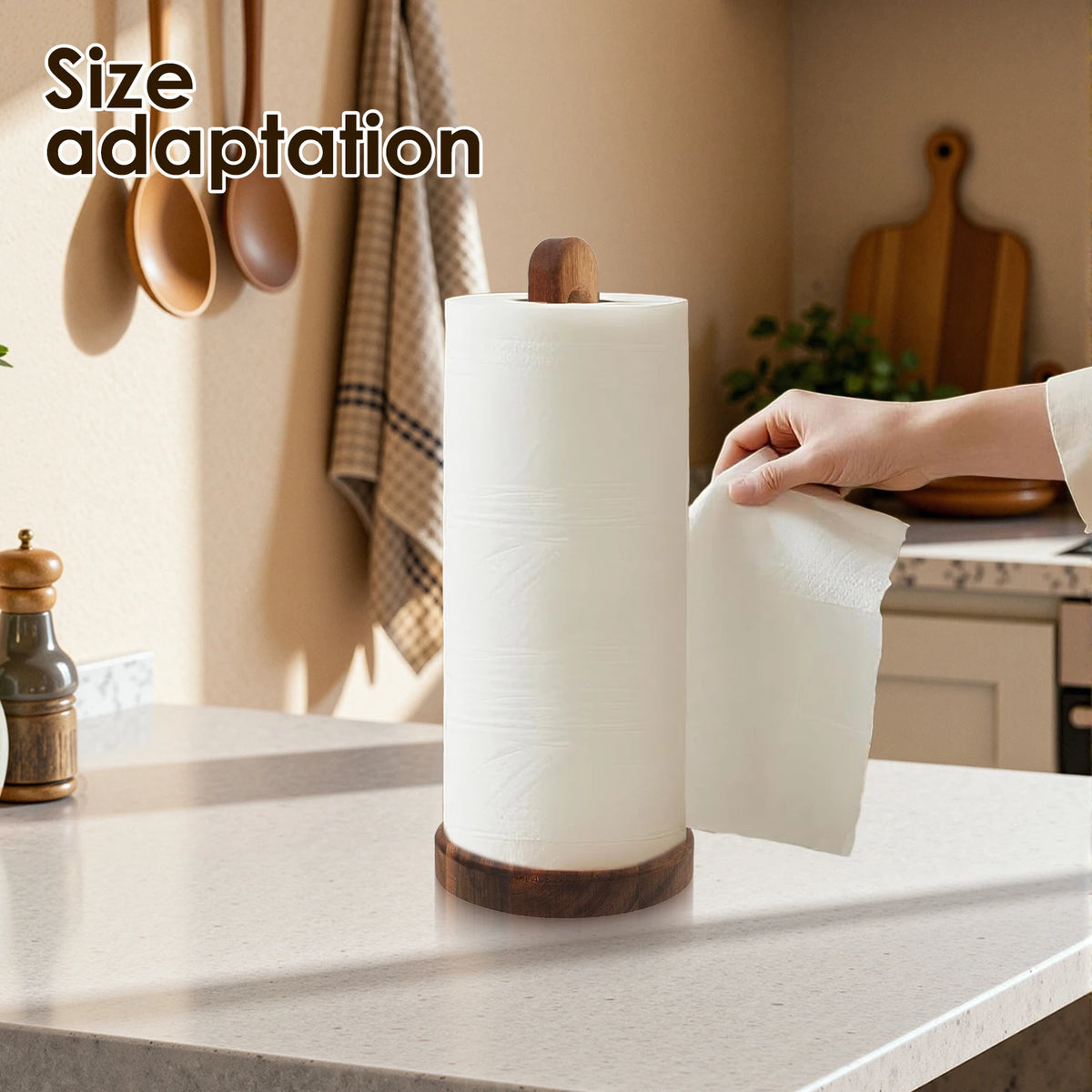 Wooden Paper Towel Holder with Non-Slip Base for Kitchen Countertop