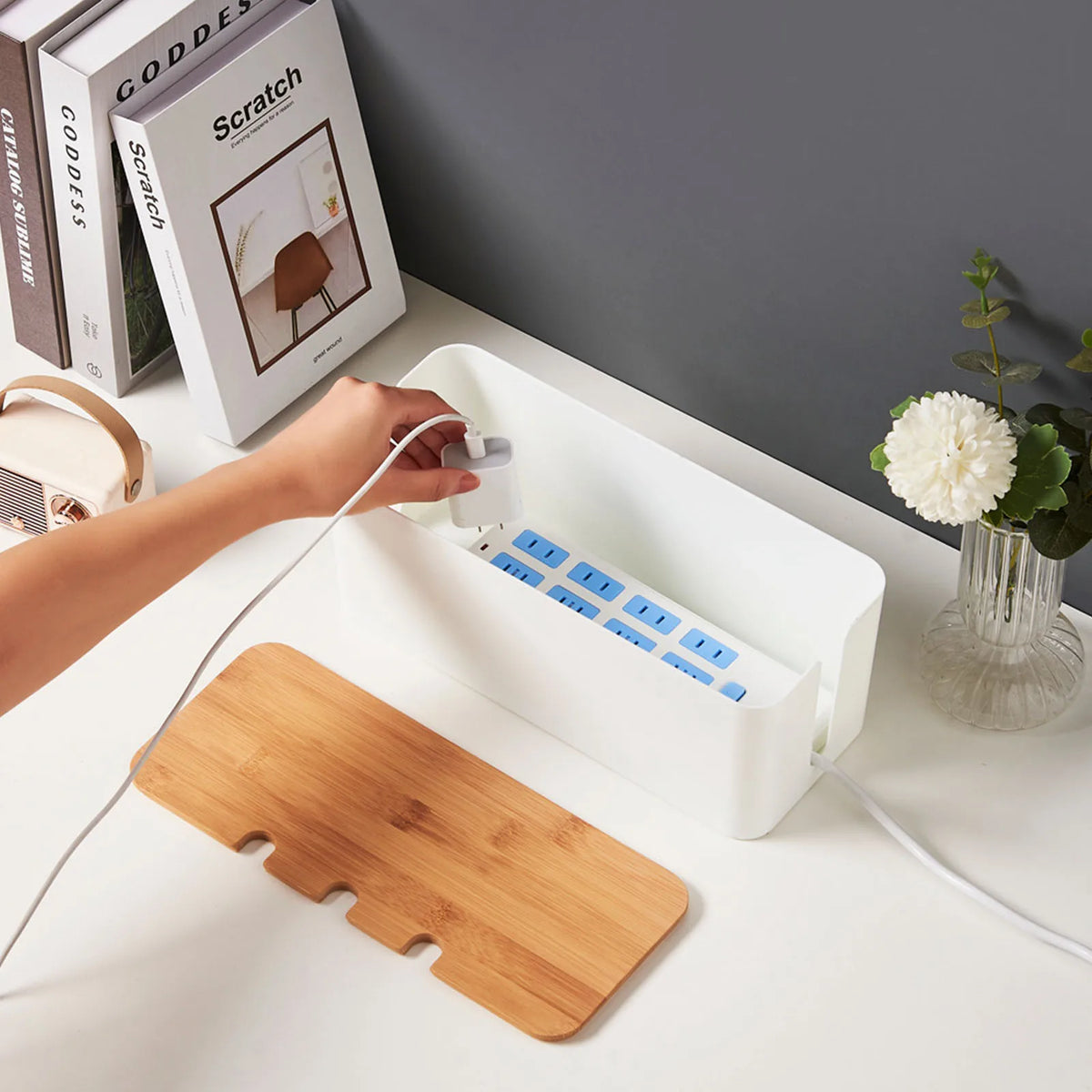 Cable Management Box with Wood-Look Lid, Cord Organizer for Power Strips and Chargers