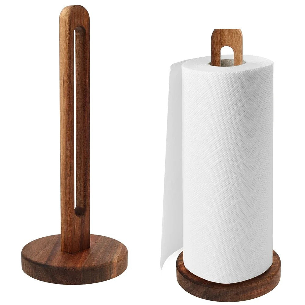 Wooden paper towel holder shown empty and with a paper towel roll